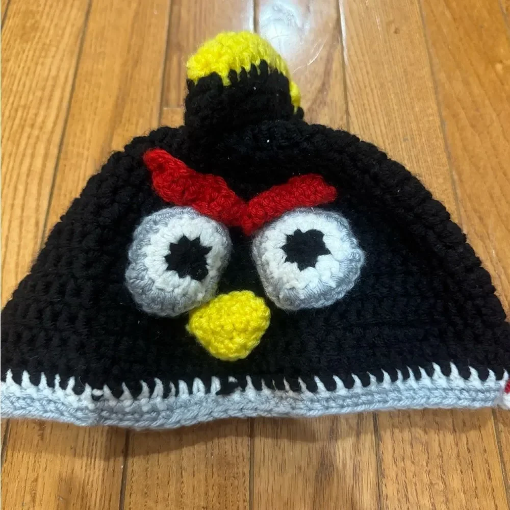 Two Angry Birds hand knit youth beanie hats